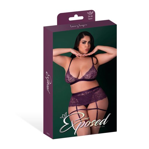 Magic Silk Leather & Lace Bralette, Garter Skirt & Thong Set Plum Queen Size - Image 5