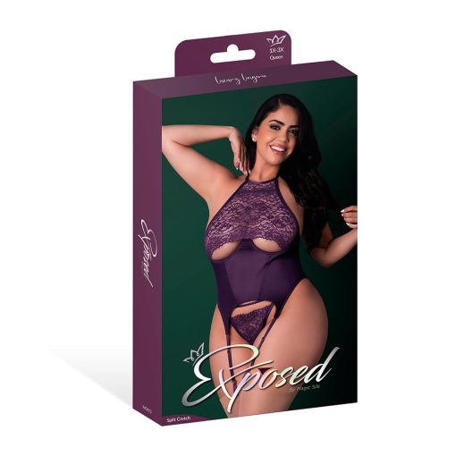 Magic Silk Leather & Lace Lace Cup Basque & Split Crotch Panty Set Plum Queen Size - Image 4