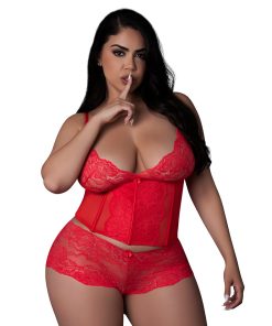 Magic Silk Sugar High Plunge Bustier & Boy Short Set Red Queen Size