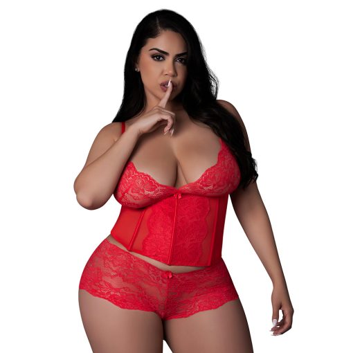Magic Silk Sugar High Plunge Bustier & Boy Short Set Red Queen Size - Image 2