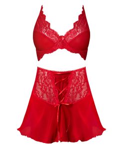 Magic Silk Sugar High Bralette, Cincher Skirt & Thong Set Red Queen Size