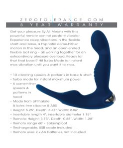 Zero Tolerance By All Means Rechargeable Prostate Vibrator With Remote Silicone Blue