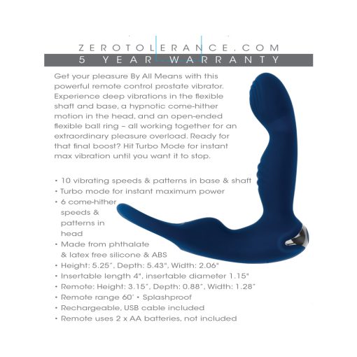 Zero Tolerance By All Means Rechargeable Prostate Vibrator With Remote Silicone Blue - Image 10