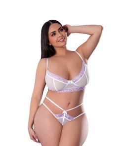 Magic Silk Sheer Passion Demi Bra & High Cut Tanga White/Lavender Queen Size