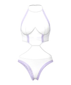 Magic Silk Sheer Passion Halter Teddy White/Lavender L/Xl