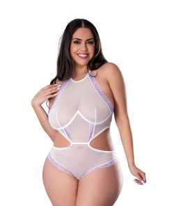 Magic Silk Sheer Passion Halter Teddy White/Lavender Queen Size