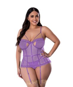 Magic Silk Sheer Passion Keyhole Basque & Crotchless G-String Very Peri Queen Size
