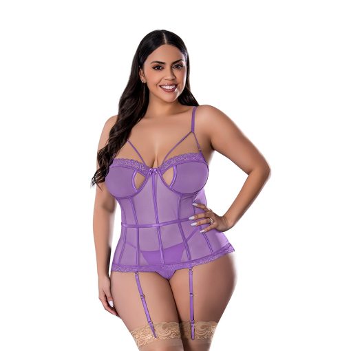 Magic Silk Sheer Passion Keyhole Basque & Crotchless G-String Very Peri Queen Size - Image 4