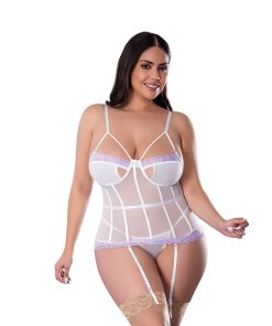 Magic Silk Sheer Passion Keyhole Basque & Crotchless G-String White/Lavender Queen Size