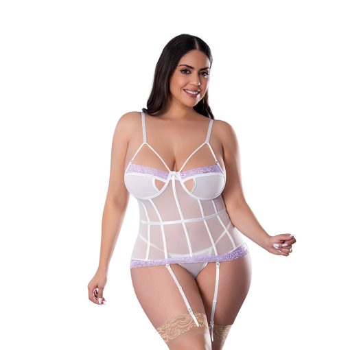 Magic Silk Sheer Passion Keyhole Basque & Crotchless G-String White/Lavender Queen Size - Image 4