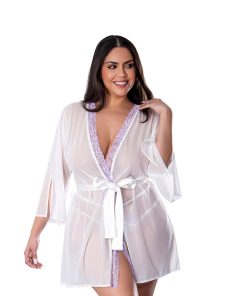 Magic Silk Sheer Passion Flutter Sleeve Robe White/Lavender Queen Size