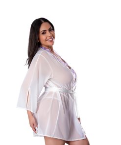 Magic Silk Sheer Passion Flutter Sleeve Robe White/Lavender Queen Size