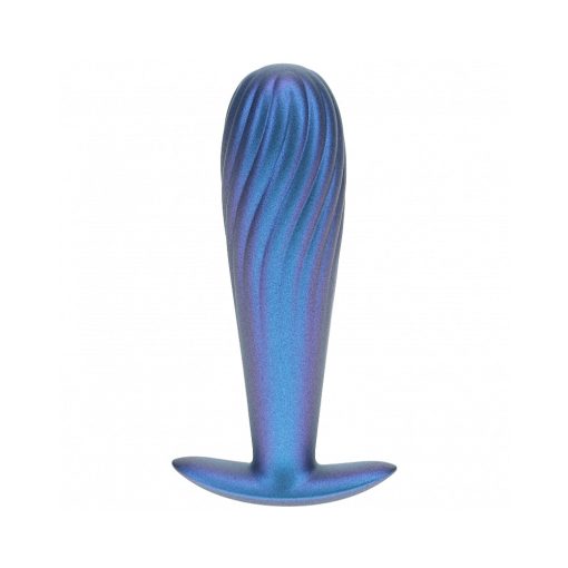 Ouch! Smooth Silicone Ribbed Anal Plug 4.6 In. Metallic Blue - Image 2
