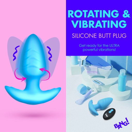 Bang! Rotating & Vibrating Silicone Butt Plug With Remote Blue - Image 9