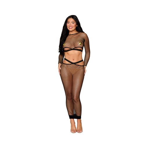 Dreamgirl Fence Net Long Sleeve Bralette And Maxi Skirt Set Black O/S