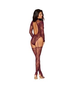 Dreamgirl Lace Teddy Bodystocking With Attached Stockings Cherry Lacquer O/S
