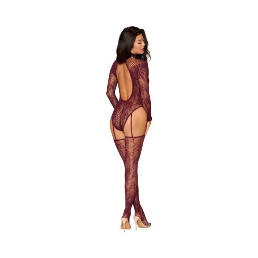 Dreamgirl Lace Teddy Bodystocking With Attached Stockings Cherry Lacquer O/S - Image 2