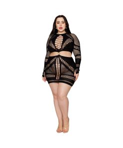 Dreamgirl Seamless Fishnet Chemise With Ring Detail Black Queen Size