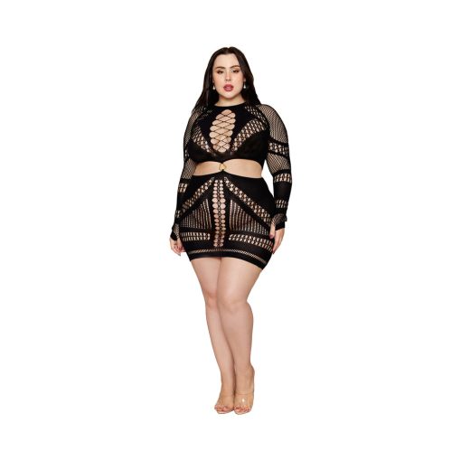 Dreamgirl Seamless Fishnet Chemise With Ring Detail Black Queen Size