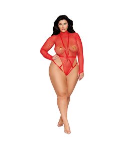 Dreamgirl Long Sleeve Fishnet Teddy And Harness Poinsettia Queen Size