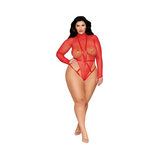 Dreamgirl Long Sleeve Fishnet Teddy And Harness Poinsettia Queen Size