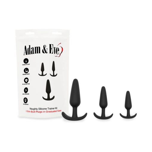 Adam & Eve Naughty Silicone Trainer Kit – 3-Piece Black Anal Plug Set