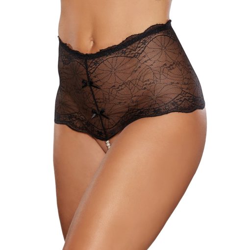 Allure Passion & Pearl High-Waisted Lace Thong With Pearl String Black O/S