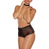 Allure Posh & Spicey High-Waisted Lace Thong With Pearl String And Collar Black O/S