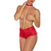 Allure Posh & Spicey High-Waisted Lace Thong With Pearl String And Collar Red O/S