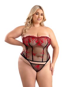 Fantasy Lingerie Floral Embroidered Mesh Corset With Lace-Up Back And Matching G-String Panty 2Xl