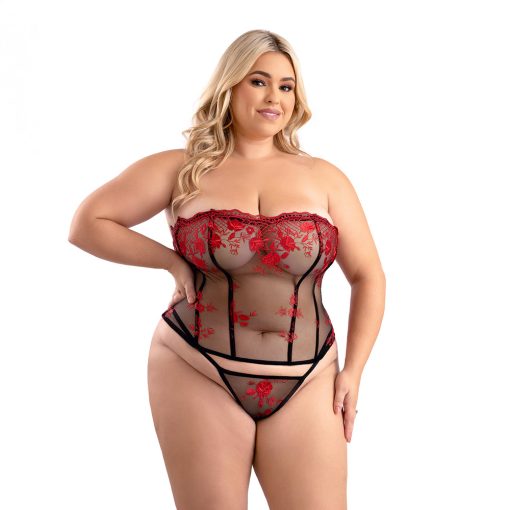 Fantasy Lingerie Floral Embroidered Mesh Corset With Lace-Up Back And Matching G-String Panty 2Xl