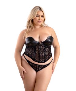 Fantasy Lingerie Leather Look And Lace Underwire Corset With Matching G-String Panty 2Xl