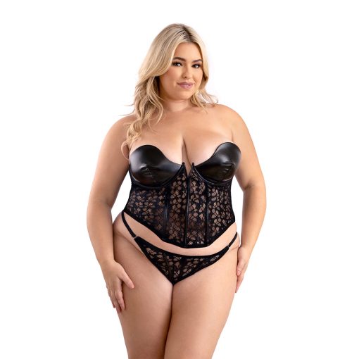 Fantasy Lingerie Leather Look And Lace Underwire Corset With Matching G-String Panty 2Xl