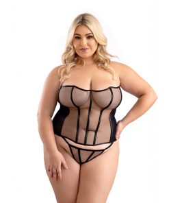Fantasy Lingerie Leatherette Binding Mesh Corset With Matching G-String Panty 2Xl