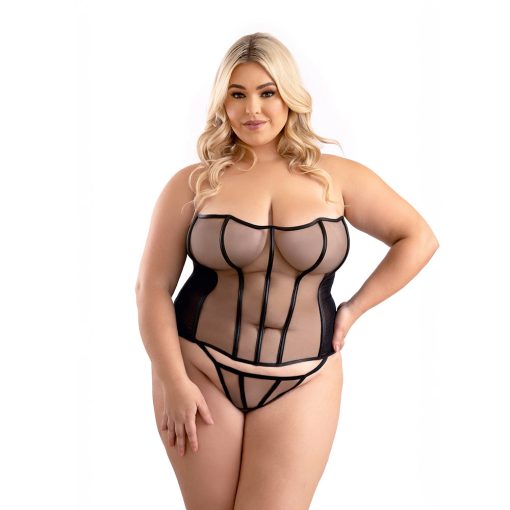 Fantasy Lingerie Leatherette Binding Mesh Corset With Matching G-String Panty 2Xl