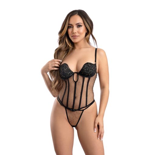 Fantasy Lingerie Gold Flecked Mesh Corset With Lightly Padded Underwire Cups & Matching G-String L