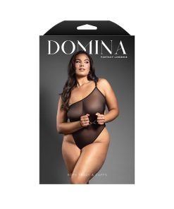 Fantasy Lingerie Domina One-Shoulder Mesh Teddy & Matching Rope Cuffs; Silver Hardware Queen Size