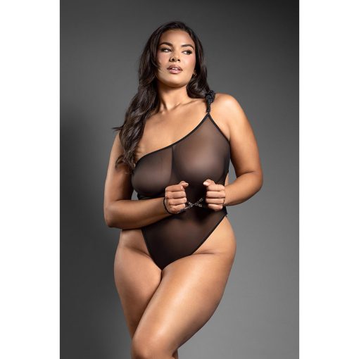 Fantasy Lingerie Domina One-Shoulder Mesh Teddy & Matching Rope Cuffs; Silver Hardware Queen Size - Image 2