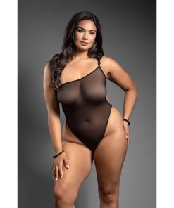 Fantasy Lingerie Domina One-Shoulder Mesh Teddy & Matching Rope Cuffs; Silver Hardware Queen Size
