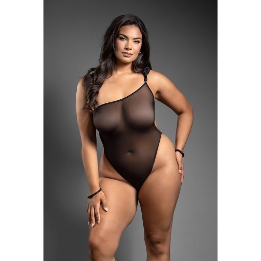 Fantasy Lingerie Domina One-Shoulder Mesh Teddy & Matching Rope Cuffs; Silver Hardware Queen Size - Image 3