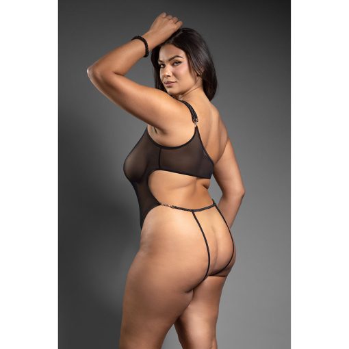 Fantasy Lingerie Domina One-Shoulder Mesh Teddy & Matching Rope Cuffs; Silver Hardware Queen Size - Image 4