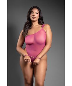 Fantasy Lingerie Domina One-Shoulder Mesh Teddy & Matching Rope Cuffs; Gold Hardware Queen Size
