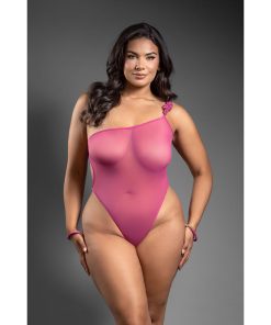 Fantasy Lingerie Domina One-Shoulder Mesh Teddy & Matching Rope Cuffs; Gold Hardware Queen Size