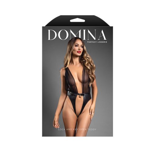Fantasy Lingerie Domina Mesh Tie-Back Plunge Front Teddy With Buckle Waist And Lock & Key Detail S/M