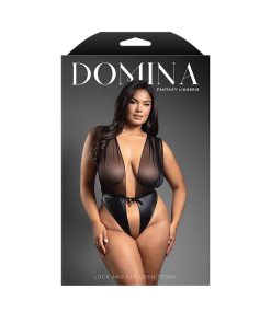 Fantasy Lingerie Domina Mesh Tie-Back Plunge Front Teddy With Buckle Waist And Lock & Key Detail Queen Size