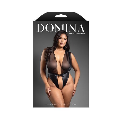Fantasy Lingerie Domina Mesh Tie-Back Plunge Front Teddy With Buckle Waist And Lock & Key Detail Queen Size