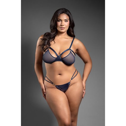 Fantasy Lingerie Domina Metallic Cage Bra With Openable Mesh Cups & Crotchless Panty Queen Size - Image 2