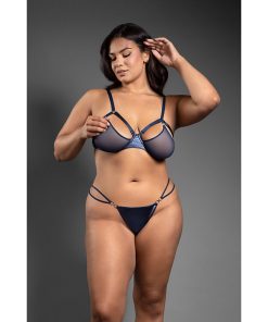 Fantasy Lingerie Domina Metallic Cage Bra With Openable Mesh Cups & Crotchless Panty Queen Size