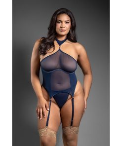 Fantasy Lingerie Domina Gartered Mesh Monowire Bustier With Detachable Choker Halter & G-String Queen Size