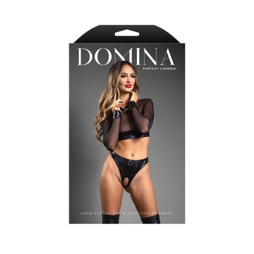 Fantasy Lingerie Domina Embossed Faux Leather Mesh Long Sleeve Top & Crotchless Thong L/Xl